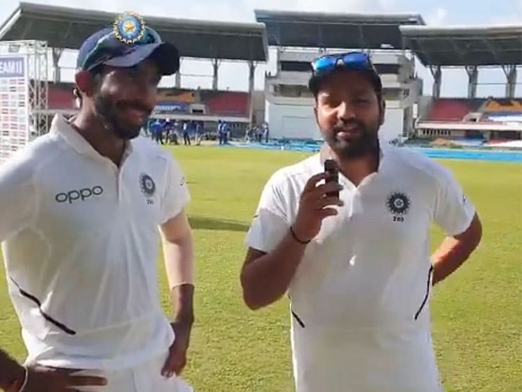 Rohit Sharma (right) interviews Jasprit Bumrah