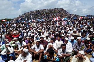 Rohingya refugees gather to mark the second anniversary of the exodus at the Kutupalong camp in Cox’s Bazar, Bangladesh on August 25.