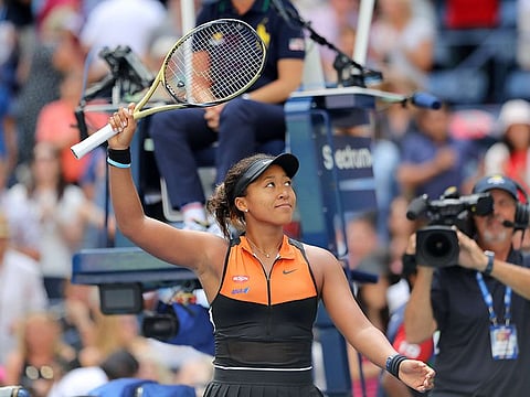 Naomi Osaka of Japan reacts after beating against Anna Blinkova of Russia.