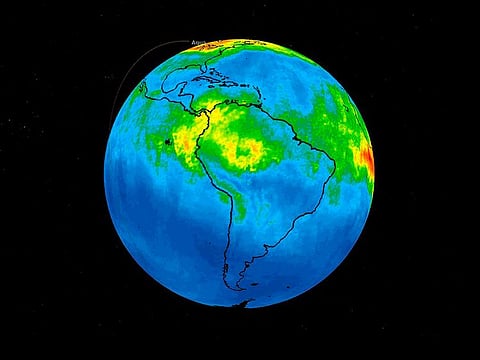 In this image released Thursday Aug. 29, 2019, by NASA Jet Propulsion Laboratory, showing part of a time-lapse series, that they identify as carbon monoxide associated with fires from the Amazon region in Brazil from Aug. 8-22, 2019.