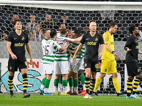 Celtic celebrate Christopher Jullien's goal.