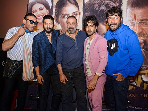 Bollywood actors Sanjay Dutt, Jacky Shroff, Ali Zafar, Amayra Dastur and others pose for photographs during the upcoming film 'Prashnam' trailer launch at Carnival Cinema, in New Delhi.