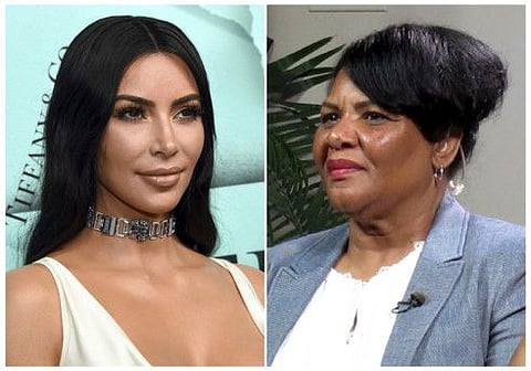 This combination photo shows Kim Kardashian West at the Tiffany & Co. 2018 Blue Book Collection: The Four Seasons of Tiffany celebration in New York on Oct. 9, 2018, left, and Alice Marie Johnson during an interview on in Memphis, Tenn. on June 7, 2018. 