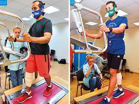 Emirati astronauts Hazza Al Mansouri (left) and Sultan Al Neyadi being tested for their heart and breathing rates at the Gagarin Cosmonaut Training Centre in Star City, Russia.