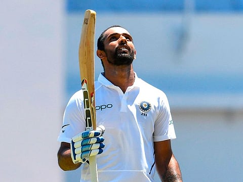 Hanuma Vihari of India celebrates his century during day 2 of the 2nd Test between West Indies and India at Sabina Park, Kingston, Jamaica.