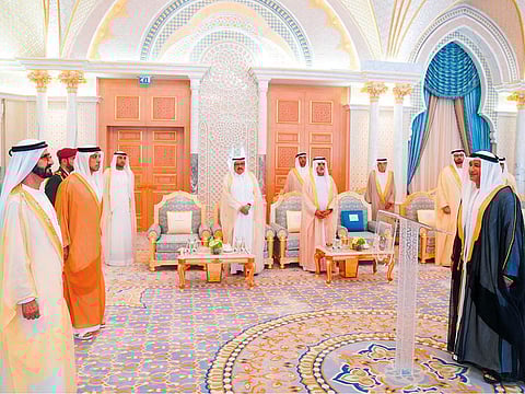 Sheikh Mohammed Bin Rashid presides over the swearing-in ceremony of UAE ambassador  to Austria Ebrahim Salem Mohammad Al Mashrekh at Qasr Al Watan Palace in Abu Dhabi.  Sheikh Hamdan Bin Rashid, Sheikh Mansour and Sheikh Abdullah are present.