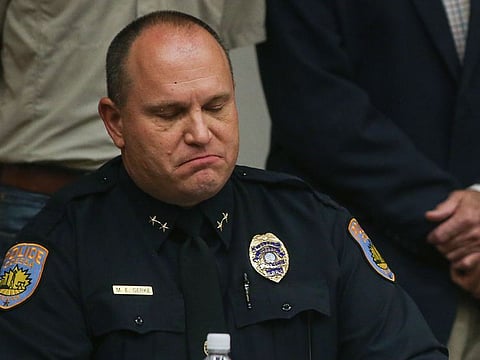 Odessa Police Chief Michael Gerke takes a moment during a news conference at the University of Texas Permian Basin in Odessa, Texas, Sunday, Sept. 1, 2019. 