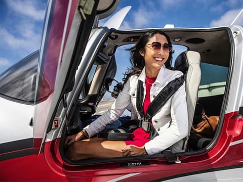 Jessica Mah, a tech entrepreneur in Los Angeles, prepares to fly a Cirrus propeller plane to San Francisco for a business conference on July 18, 2019, at the Santa Monica Airport. Because of the focus required to safely fly, Mah uses flying as a way to take her mind off the pressures of work. (Nick Agro/Los Angeles Times/TNS)