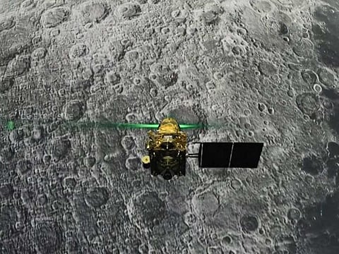 This screen grab taken from a live webcast by Indian Space Research Organisation (ISRO) on August 6, 2019 shows Vikram Lander before it is supposed to land on the Moon.
