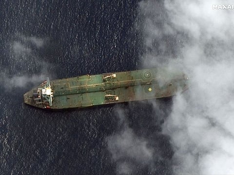 This handout image obtained September 7, 2019, courtesy of Satellite image ©2019 Maxar Technologies, reportedly shows the oil tanker Adrian Darya 1, near the port city of Tartus, Syria, on September 6, 2019. 
