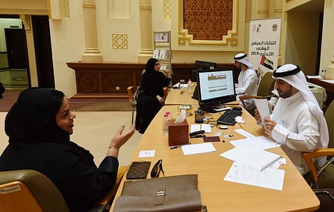 Moza Salem Al Knidi (LEFT) and Awatif Abdulrahim Al Harmoody candidates filling registration paper for Federal National Elections 2019 at Consultative Council in Sharjah  photo; Atiq Ur Rehman /Gulf News