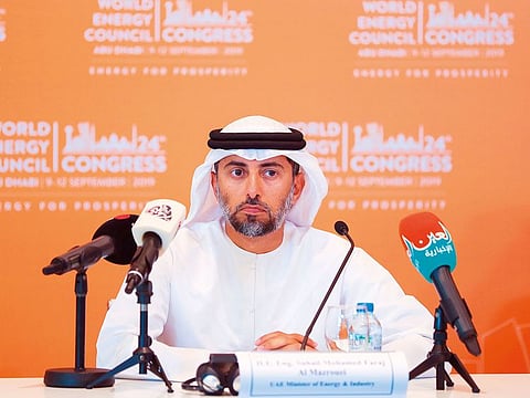 UAE Minister of Energy and Industry Suhail Al Mazroui in Abu Dhabi yesterday. The minister said Opec+ countries are open to taking further action to balance the market if needed.