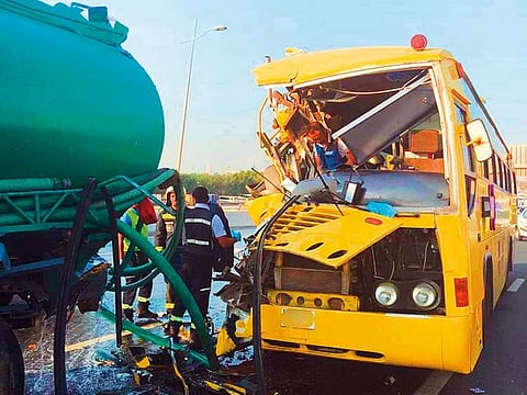 The wrecked front portion of the school bus. Around 13 to 15 students from the girls’  GEMS Our Own English High School in Al Warqa’a sustained minor injuries.