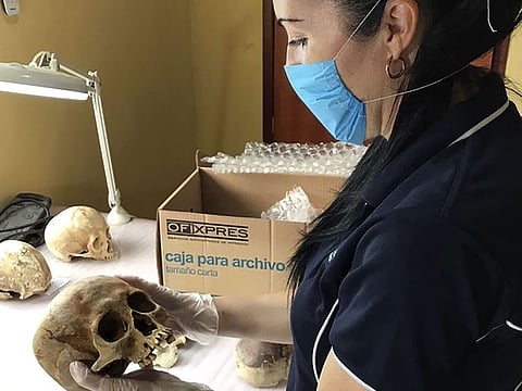 Researcher Alyson Wilson working on ancient Mayan skeletal remains at an undisclosed location in Mexico.
