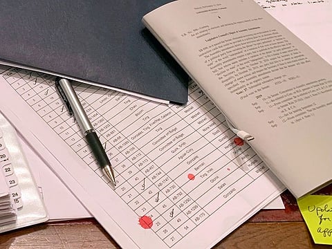 In this photo provided by state Senator Steven Glazer, red dots are splattered on papers on Glazer's Senate desk, after a woman threw a container with red liquid from the public gallery of the Senate chambers during a legislative session, in Sacramento, Calif., Friday, Sept. 13, 2019. 