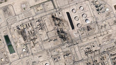 This satellite overview handout image obtained September 16, 2019 courtesy of Planet Labs Inc.  shows damage to oil/gas infrastructure from weekend drone attacks at Abqaig on September 15, 2019 in Saudi Arabia.