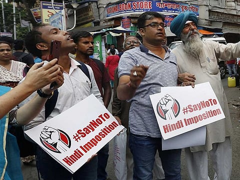 People protesting against Indian Home Minister Amit Shah's proposal of 'One Nation, One Language' to promote Hindi, in Kolkata on September 16, 2019. 