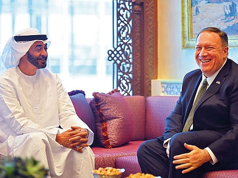 Sheikh Mohamed Bin Zayed with Mike Pompeo during the US secretary of state’s visit to Abu Dhabi.