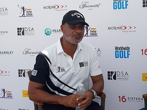 Ruud Gullit speaks at the the DHL Swing Against Cancer Golf Series at Emirates Golf Club in Dubai.