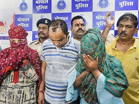 File photo: Police present four persons arrested in connection with an alleged honey trapping case in Bhopal, on September 24, 2019. 