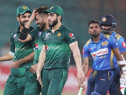Pakistani players celebrate their victory against Sri Lanka in the second one-day international in Karachi, on September 30, 2019.  