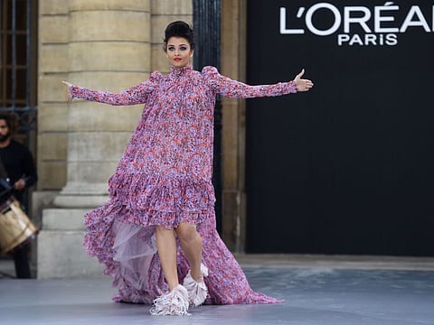 Indian actress Aishwarya Rai Bachchan presents a creation for L'Oreal during the Women's Spring-Summer 2020 Ready-to-Wear collection fashion show at the Monnaie de Paris, in Paris on September 28, 2019. / AFP / Lucas BARIOULET