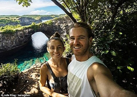 British-Australian Jolie King and her fiance Mark Firkin pictured in April 2018 at Pasih Uug Beach in Indonesia.