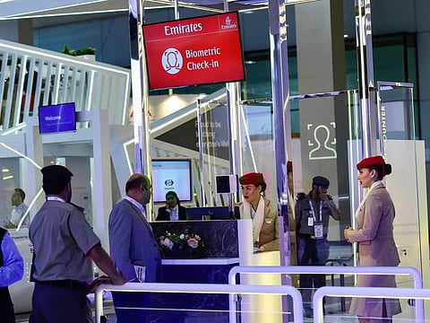 A visior trying the Biometric check-in at General Directorate of Residency and Foreigners Affairs (GDRFA) pavilion at Gitex Technology Week at Dubai World Trade Centre.