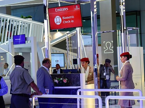 A visior trying the Biometric check-in at General Directorate of Residency and Foreigners Affairs (GDRFA) pavilion at Gitex Technology Week at Dubai World Trade Centre.