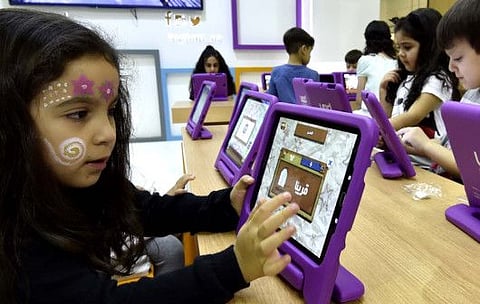 Students learning arabic the smart way at  during the Sharjah Children's Reading Festival at Sharjah Expo on 19 APRIL 2018. Photo: Atiq ur Rehman/Gulf News archives