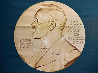  A portrait of Swedish inventor and scholar Alfred Nobel can be seen on a banner on display at the Nobel Forum in Stockholm, Sweden.