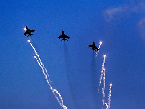 Indian Air Force fighter planes MIG 21 led by Wing Commander Abhinandan Varthaman, center, flies in a formation during Air Force Day parade at the Hindon air base on the outskirts of New Delhi, on October 8, 2019. 