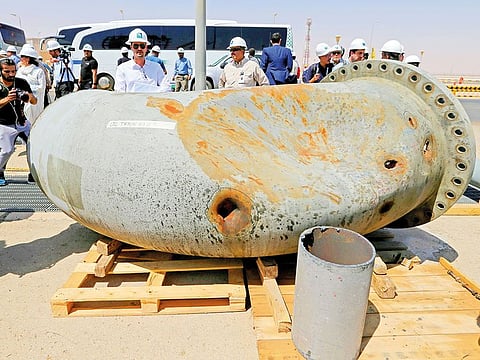 A damaged pipeline is seen at Saudi Aramco oil facility in Khurais, Saudi Arabia, September 20, 2019. 