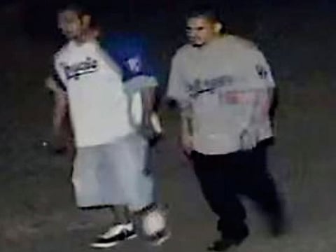 This frame grab from surveillance video provided by the Kansas City, Kan. Police Department shows two suspects authorities are looking for in connection with a fatal shooting at a bar early Sunday, Oct. 6, 2019, in Kansas City.