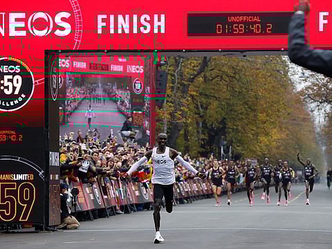 Kenya's Eliud Kipchoge wore high-tech Nike prototype shoes during his attempt to run a marathon in under two hours in Vienna, Austria, October 12, 2019. 