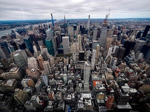 View toward midtown Manhattan inside the newly renovated 102nd floor observatory of the Empire State Building on  October 11, 2019 in New York City.  Opening to the public on October 12, the new 102nd floor observatory is 1250 feet above street level and features 360 degree views of New York City.  