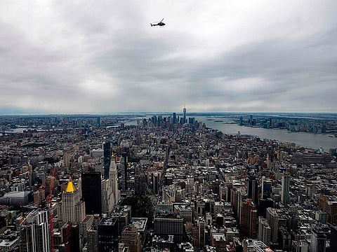 View toward midtown Manhattan inside the newly renovated 102nd floor observatory of the Empire State Building on  October 11, 2019 in New York City.  Opening to the public on October 12, the new 102nd floor observatory is 1250 feet above street level and features 360 degree views of New York City.  