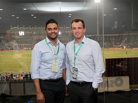 Pakistan Cricket Board’s CEO Wasim Khan (left) with England and Wales Cricket Board Chief Executive Tom Harrison. 