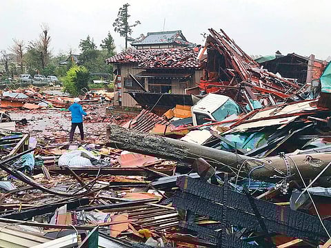 Damaged houses caused by weather patterns from Typhoon Hagibis are seen in Ichihara, Chiba prefecture on October 12, 2019.