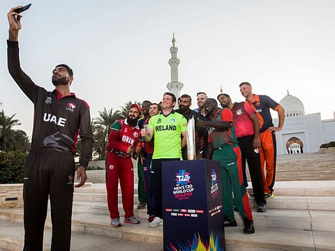 New UAE skipper Ahmad Raza indulges in a selfie moment with all the captains of ICC World T20 qualifiers with the Shaikh Zayed Mosque of Abu Dhabi at the backdrop.