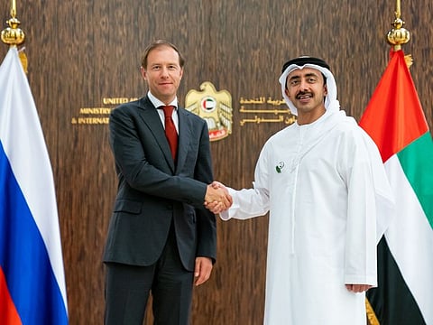 Shaikh Abdullah Bin Zayed with Denis Manturov, Russian Minister of Industry and Trade, co-chaired the 9th meeting of the UAE-Russia Joint Committee, which held in Abu Dhabi.