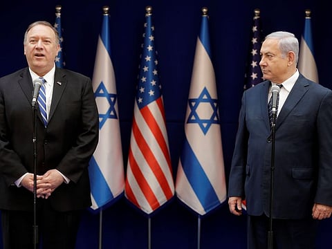 U.S. Secretary of State Mike Pompeo and Israeli Prime Minister Benjamin Netanyahu attend a meeting in Occupied Jerusalem, Friday, October 18, 2019. 