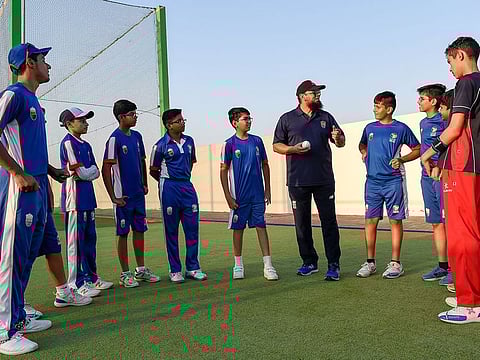 Pakistani spinner Saqlain Mushtaq conducts a coaching class at Kings School Al Barsha's Kings Cricket Academy.