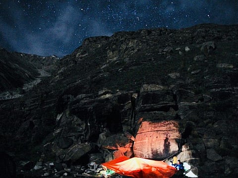 Baintha base camp at night. The craggy sub-range of the Karakorum in Pakistan is one of the hardest peaks in the world to climb