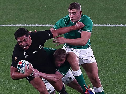 A slice of action during the Rugby World Cup quarter final match between All Blacks and Ireland. 
