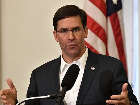 In this Friday, Oct. 4, 2019 file photo, U.S. Defense Secretary Mark Esper speaks to a gathering of soldiers at the University Club at the University of Louisville in Louisville, Ky. 