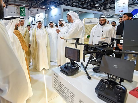 Shaikh Hamdan Bin Rashid Al Maktoum, Deputy Ruler of Dubai and Minister of Finance, during WETEX & Dubai Solar Show 2019 at Dubai World Trade Centre and Exhibition halls, Dubai, October 21, 2019.