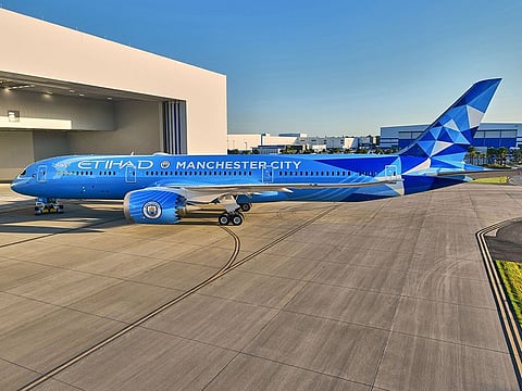 The Manchester City-branded Etihad Dreamliner.