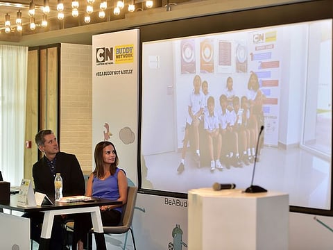 Mike Fairburn, General Manager, Sony Music Entertainment Middle East, (left) and Darine El-Khatib, Senior Director Creative Strategy and Brand Development at Turner MENA and Turkey, at the Cartoon Network Buddy Network anti-bullying initiative press conference on 22nd October 2019. Photo Clint Egbert/Gulf News