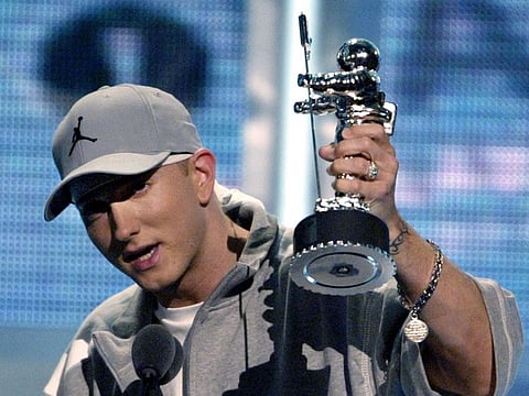 Eminem accepts the "Best Rap Video" award at the 2002 MTV Video Music Awards at Radio City Music Hall in New York on August 29, 2002.     REUTERS/Gary Hershorn